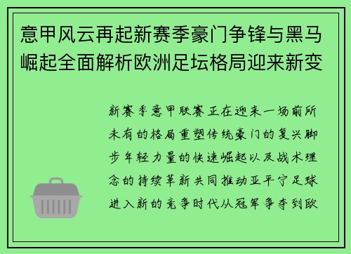意甲风云再起新赛季豪门争锋与黑马崛起全面解析欧洲足坛格局迎来新变化 意甲风云再起新赛季豪门争锋与黑马崛起全面解析欧洲足坛格局迎来新变化